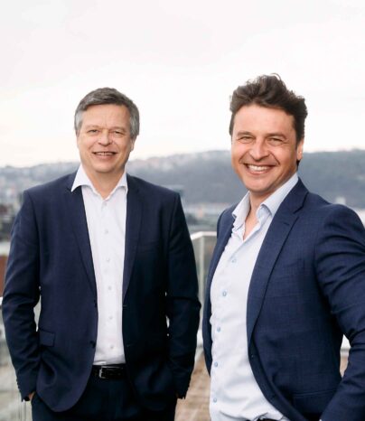 Investeringsdirektør Tom Erik Myrland (til venstre) og konsernsjef Morten Borge
